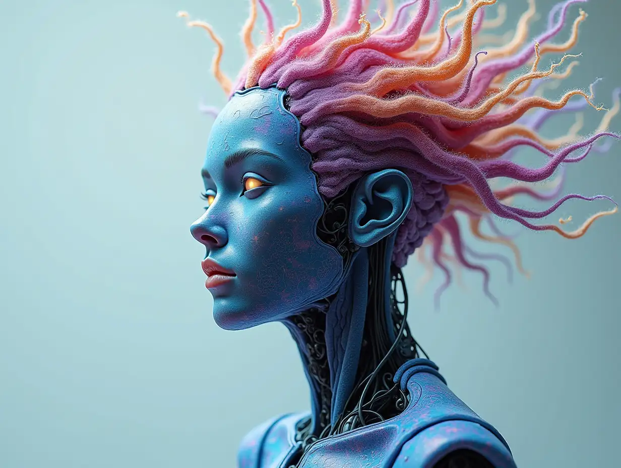 Create a high-resolution, realistic image of a fractal colored artificial intelligence humanoid robot in a photo studio on a 4k resolution. Fractal hair.