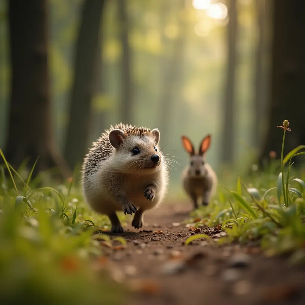 Forest Animals Hedgehog Running with Rabbit Hopping