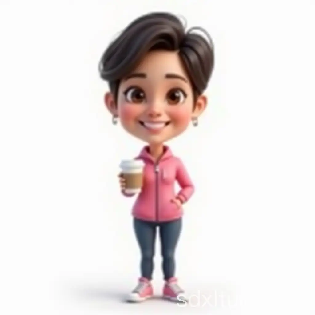 Full body, Caricature of Indonesian woman, medium body size, short hair, smiling expression, standing, holding a cup filled with coffee, wearing a pink sport jacket, white background. Big head size. Realistic. 3D. HD