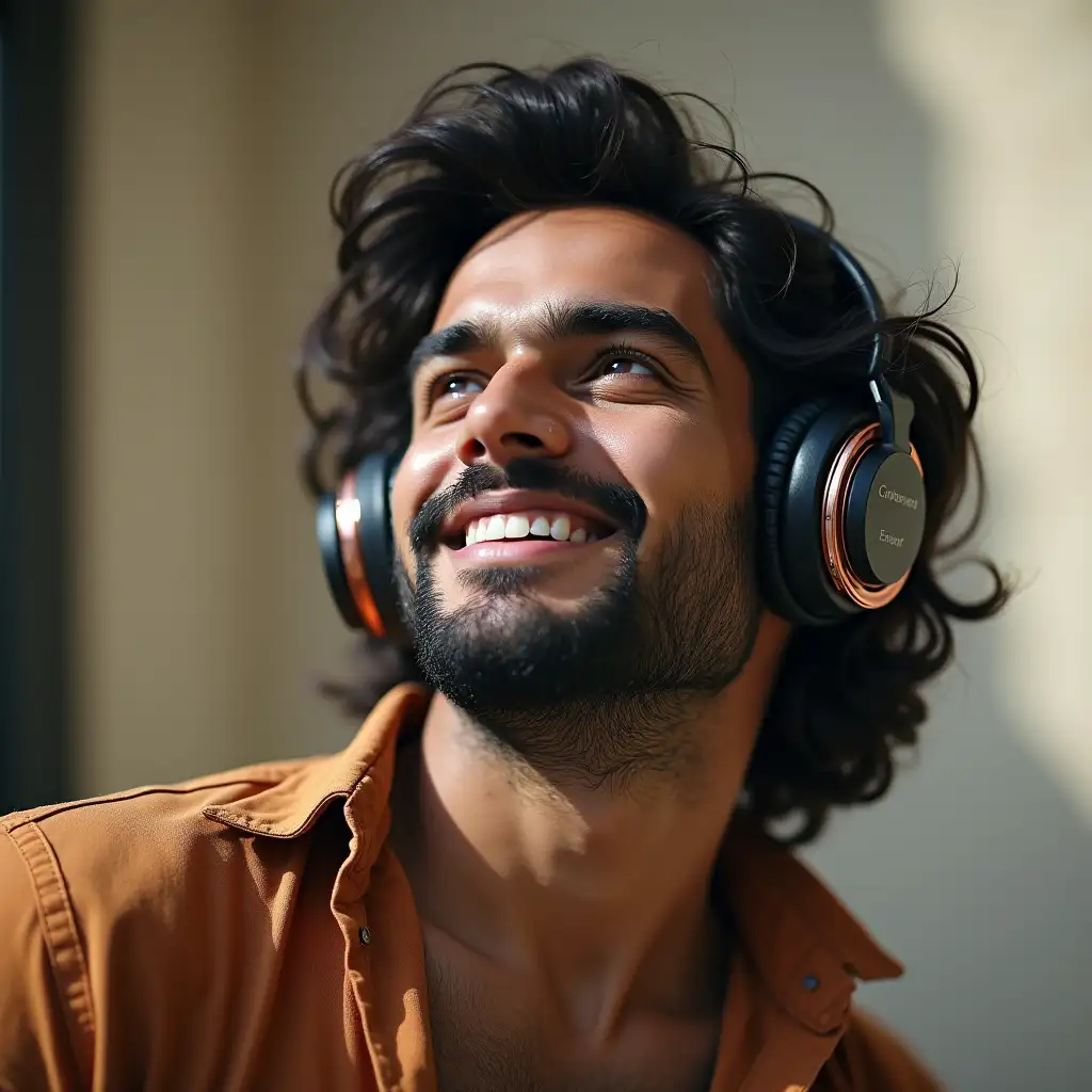 indian man with headphone and enjoying