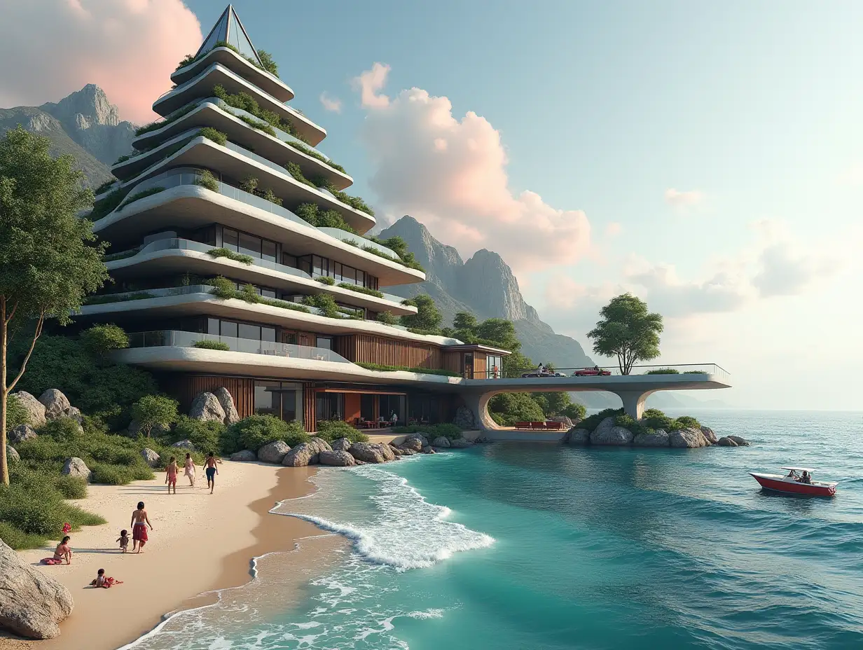 Create a high-resolution, realistic panorama image of a futuristic terrace building with window pyramid house with bridge, a yacht and a small boat beach with people, many plants and grey and brown facades with sea with waves, large trees, red clouds