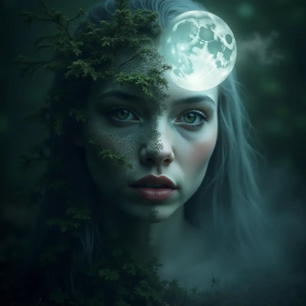 A beautiful, mystical Maori woman being blending features of both Sidhe and Patupaiarehe—light skin, ghost white skin, multicultural features with white skin, straw coloured hair, green or blue eyes. A spirit being, dark and haunting. A moon light illuminates their face, blending into a natural landscape—half forest, half stone circle. The atmosphere is dark and mysterious, haunting. Maori aspects present. Mist floating throughout the image. Maori woman.