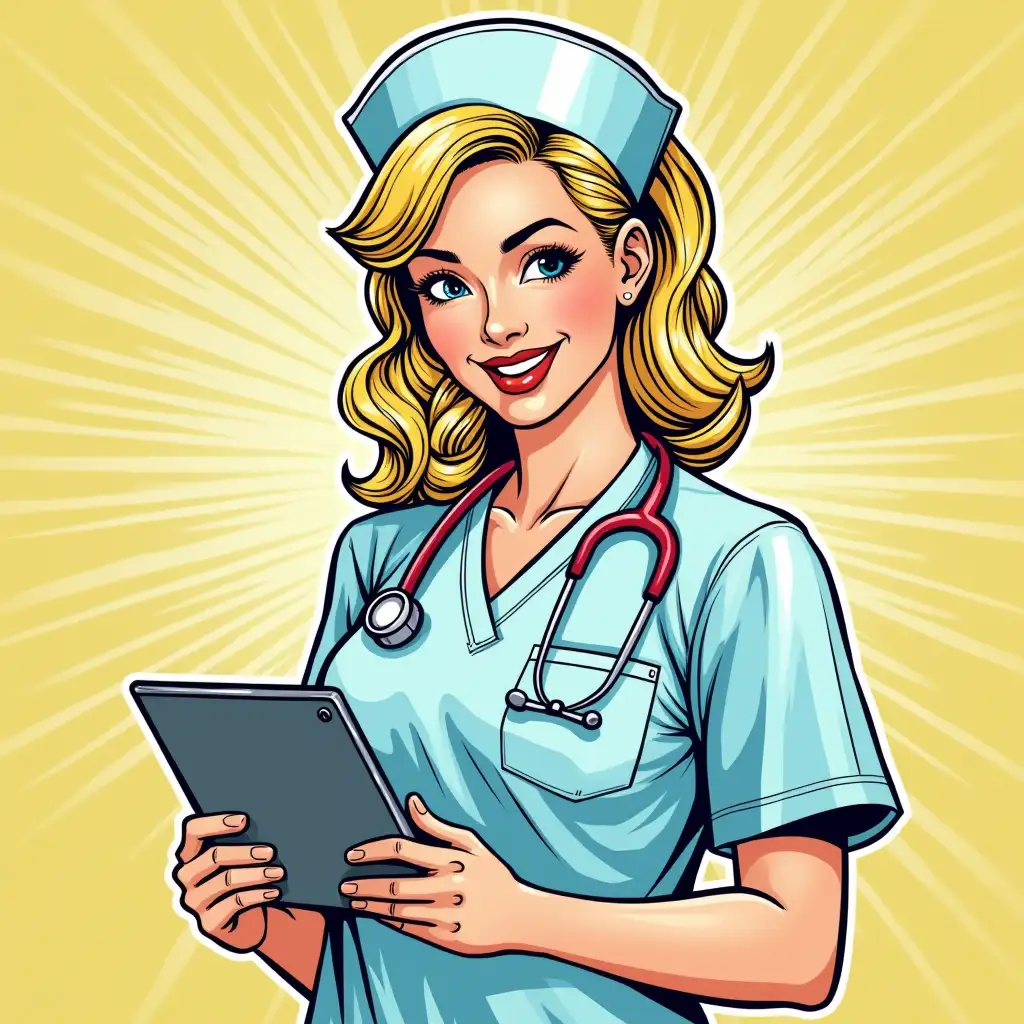 Nurse with tablet smiling in pop art style blonde