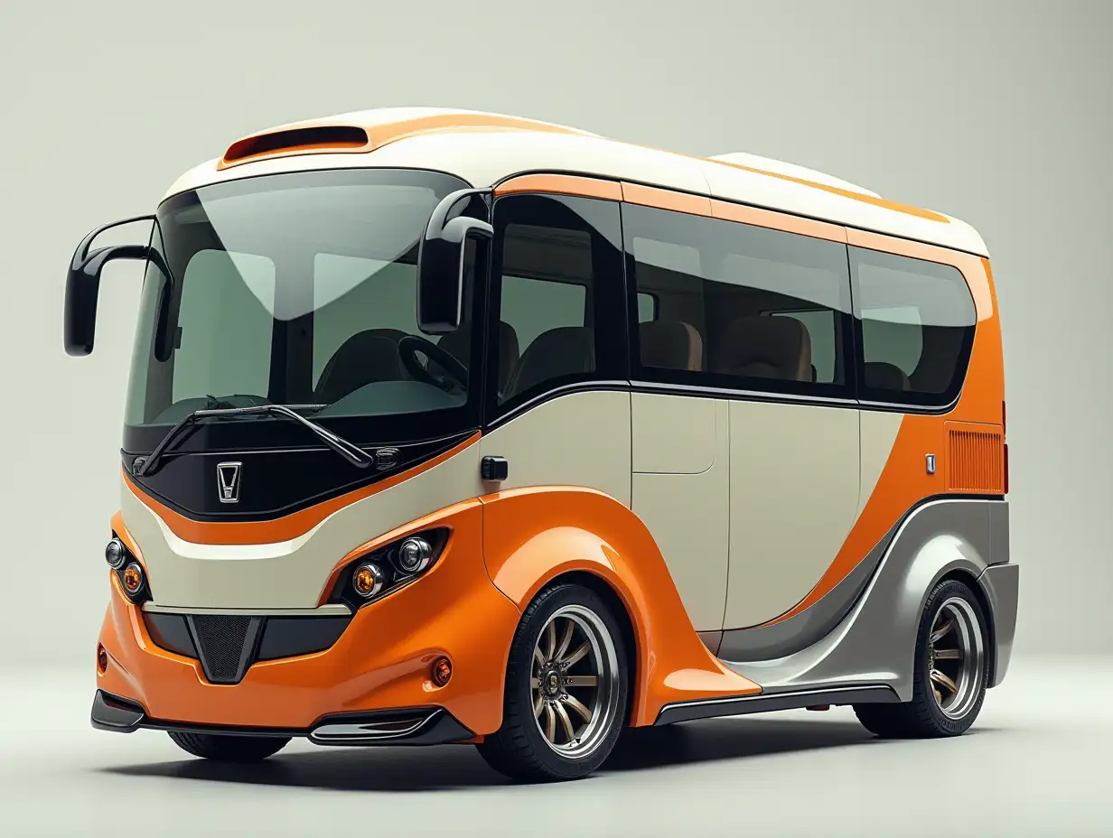 Supermodern bus with spoilers, lowered, aluminum wheels, cream, orange silver colors, Cyberpunk