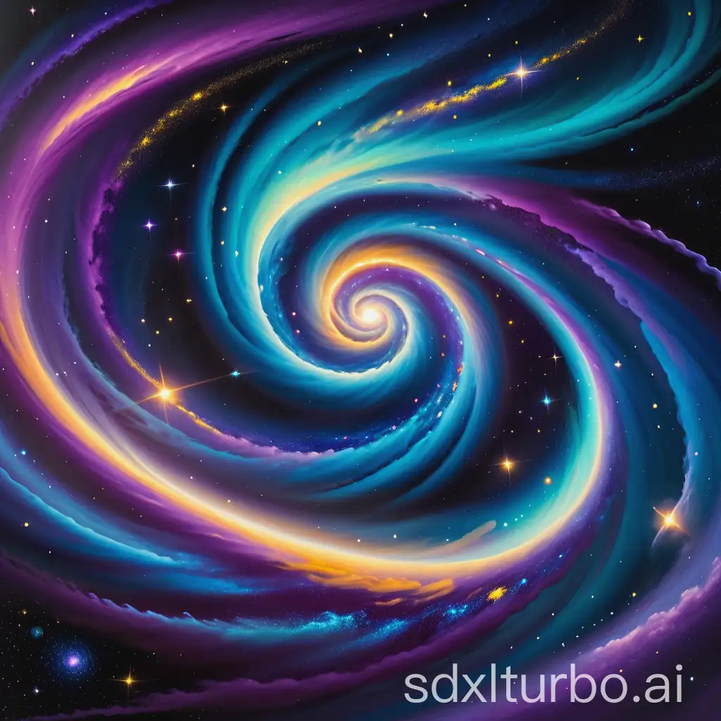 A vibrant and abstract cosmic scene with swirling galaxies and nebulae. The image features a dynamic mix of colors including deep purples, blues, and bright yellows. The scene is dotted with star-like points of light, and the overall effect is fluid and ethereal, reminiscent of a cosmic painting. The visual style is highly detailed, with smooth gradients and a sense of motion and depth, capturing the beauty and mystery of the universe