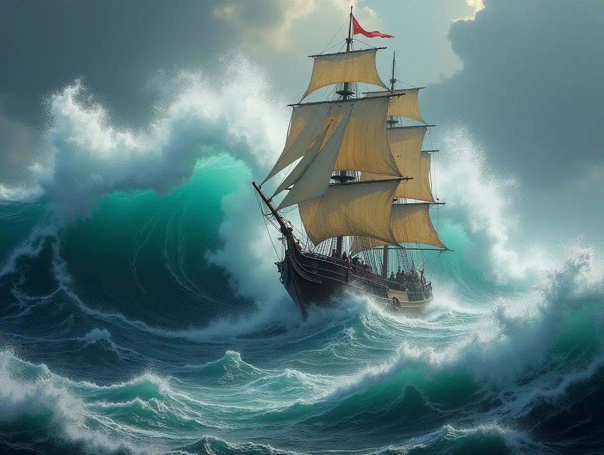 A stormy sea, with Ibn Battuta’s ship rocking violently against massive waves. The crew struggles to hold the sails.