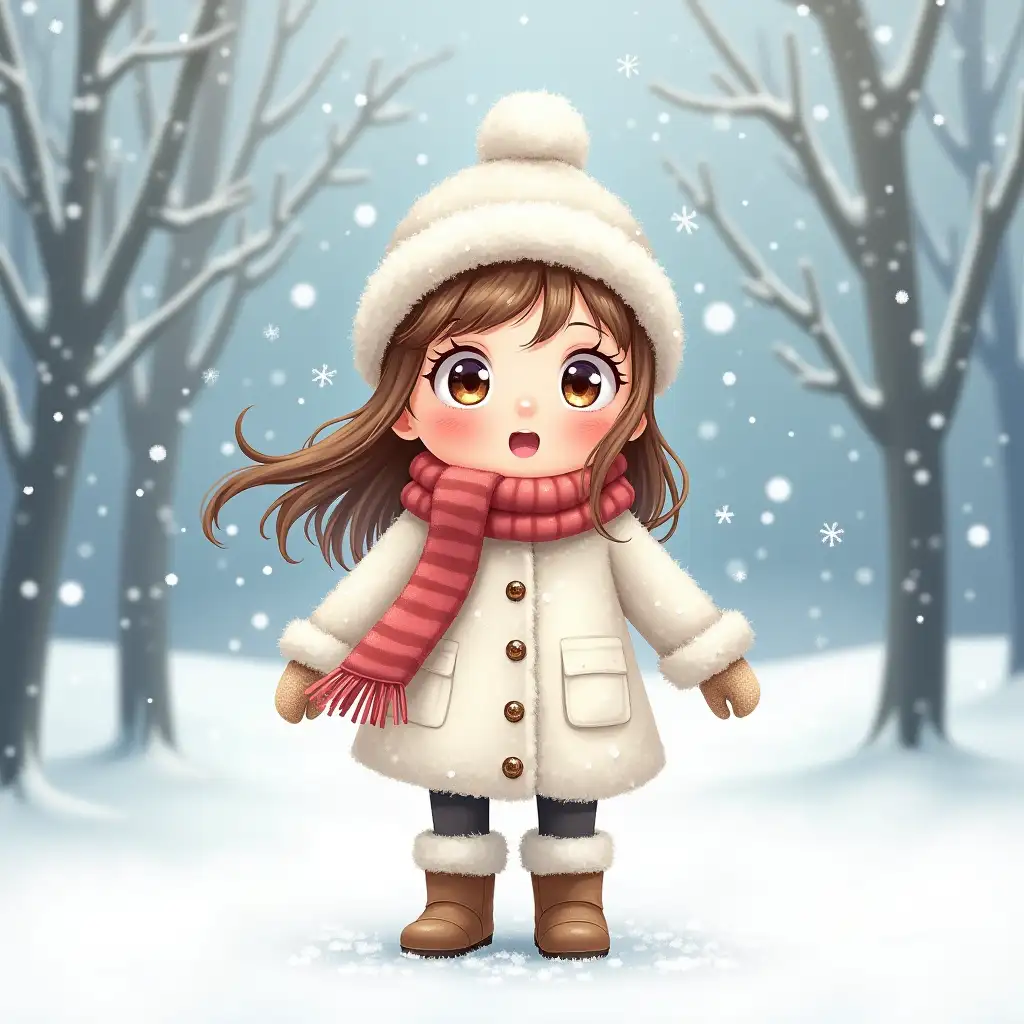 schoolgirl, pretty, little girl in a white coat, fur boots, scarf around her neck, in a white fur hat with expressive eyes, smiling, opening her mouth, trying to catch snowflakes, winter, snowflakes, beautiful festive, fairy-tale, winter New Year's backdrop, glitter, stays within the frame, watercolor