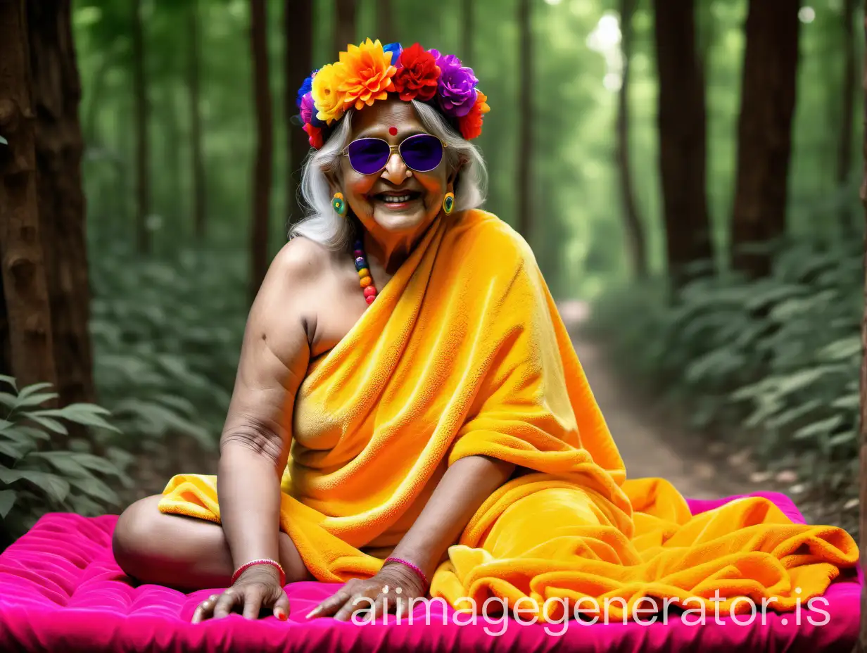 Elderly-Indian-Hindu-Woman-Monk-in-Colorful-Attire-Surrounded-by-Fruits-and-Gifts