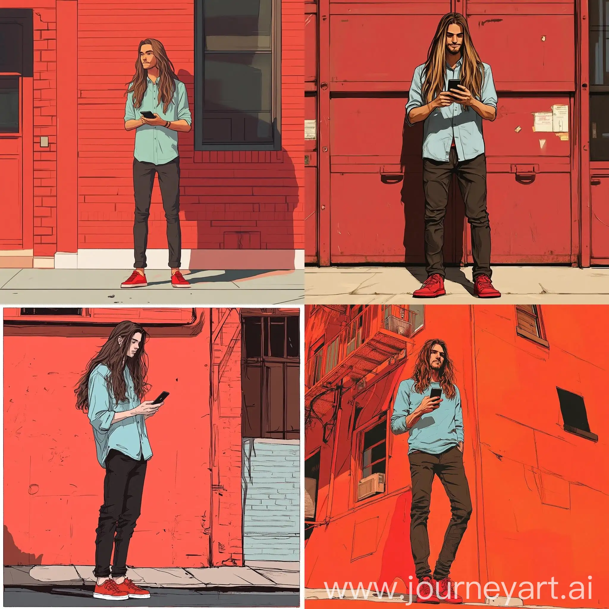 Man-with-Long-Hair-Standing-in-Front-of-Red-Building-with-Phone