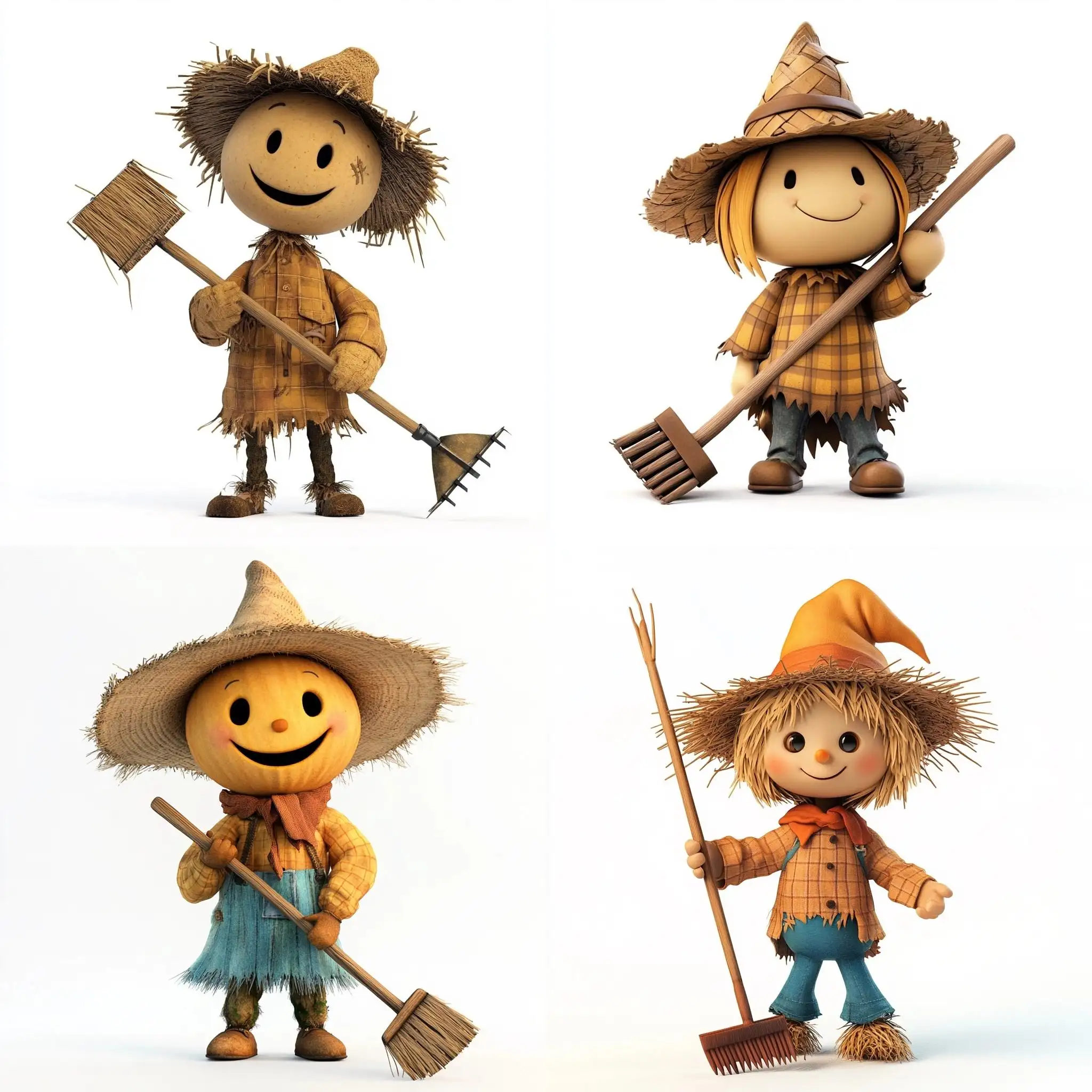 Adorable-Scarecrow-Character-with-Rake-on-White-Background