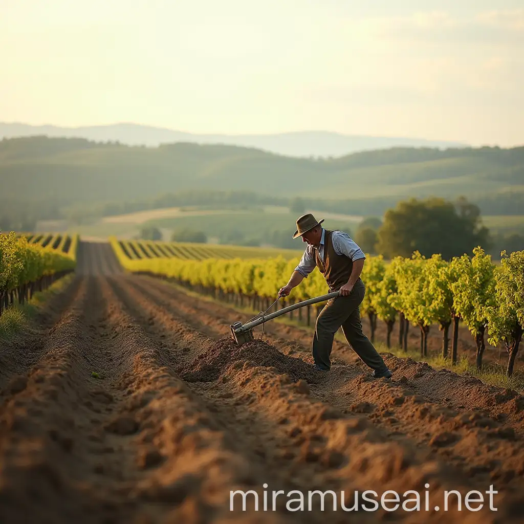 Vintage Farmer Plowing Agricultural Field in Tuscan Plain