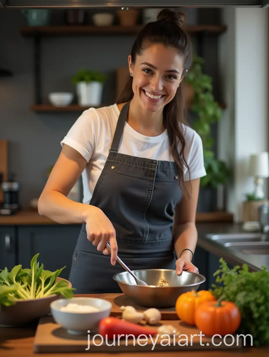 Smiling-Woman-Cooking-in-a-Modern-Kitchen