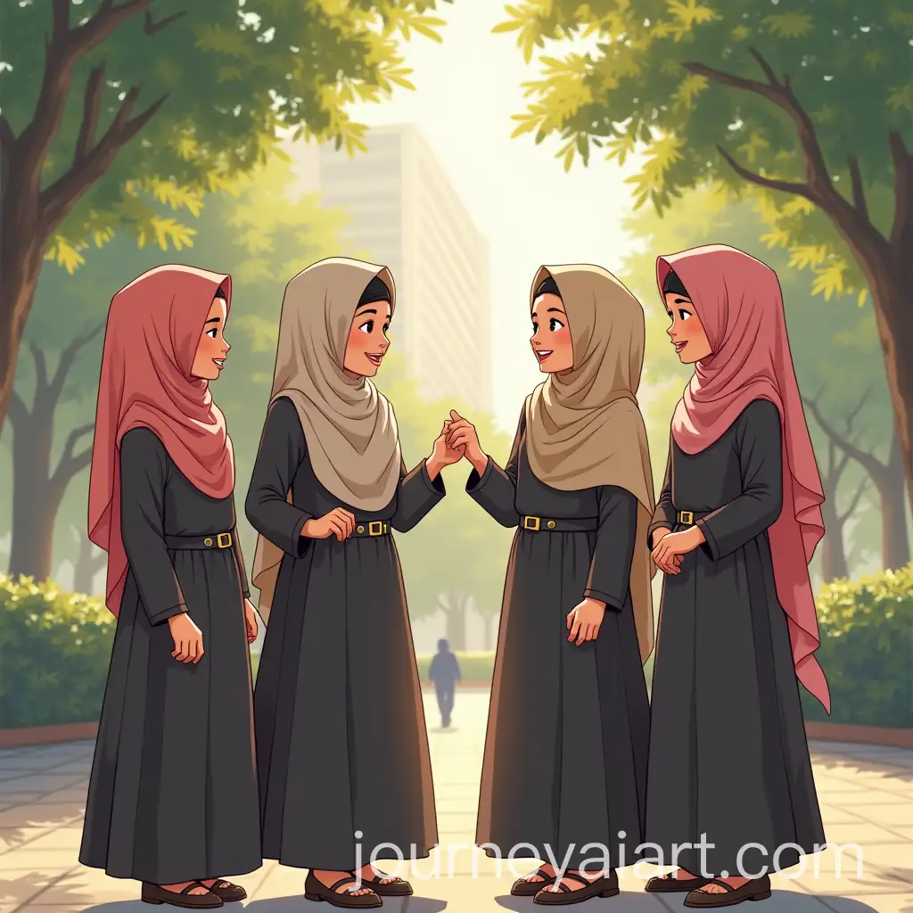 Girls-in-Traditional-Headscarves-Engaged-in-Conversation-in-a-Modern-Park