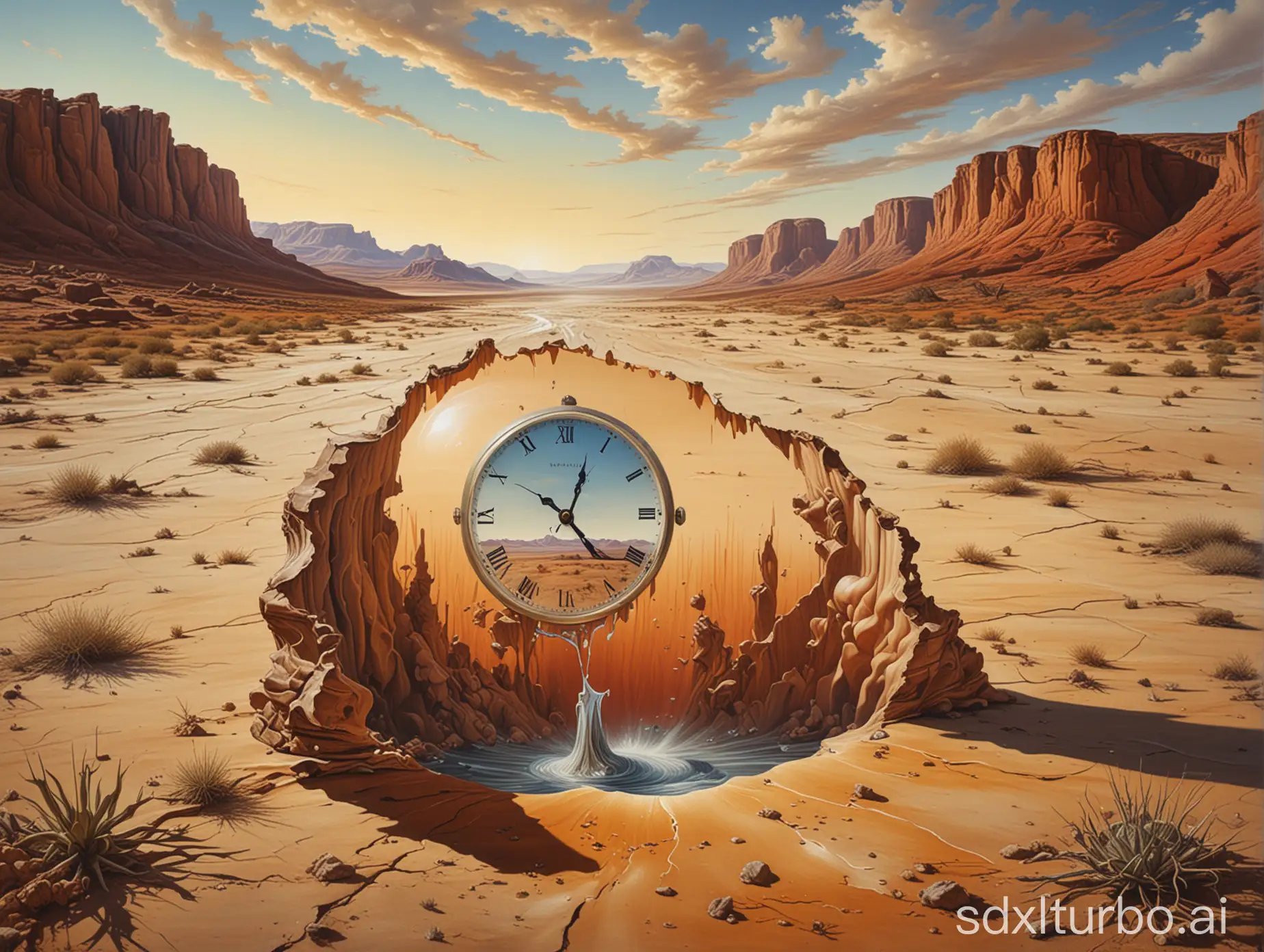 a surrealist painting of time melting in a desert landscape