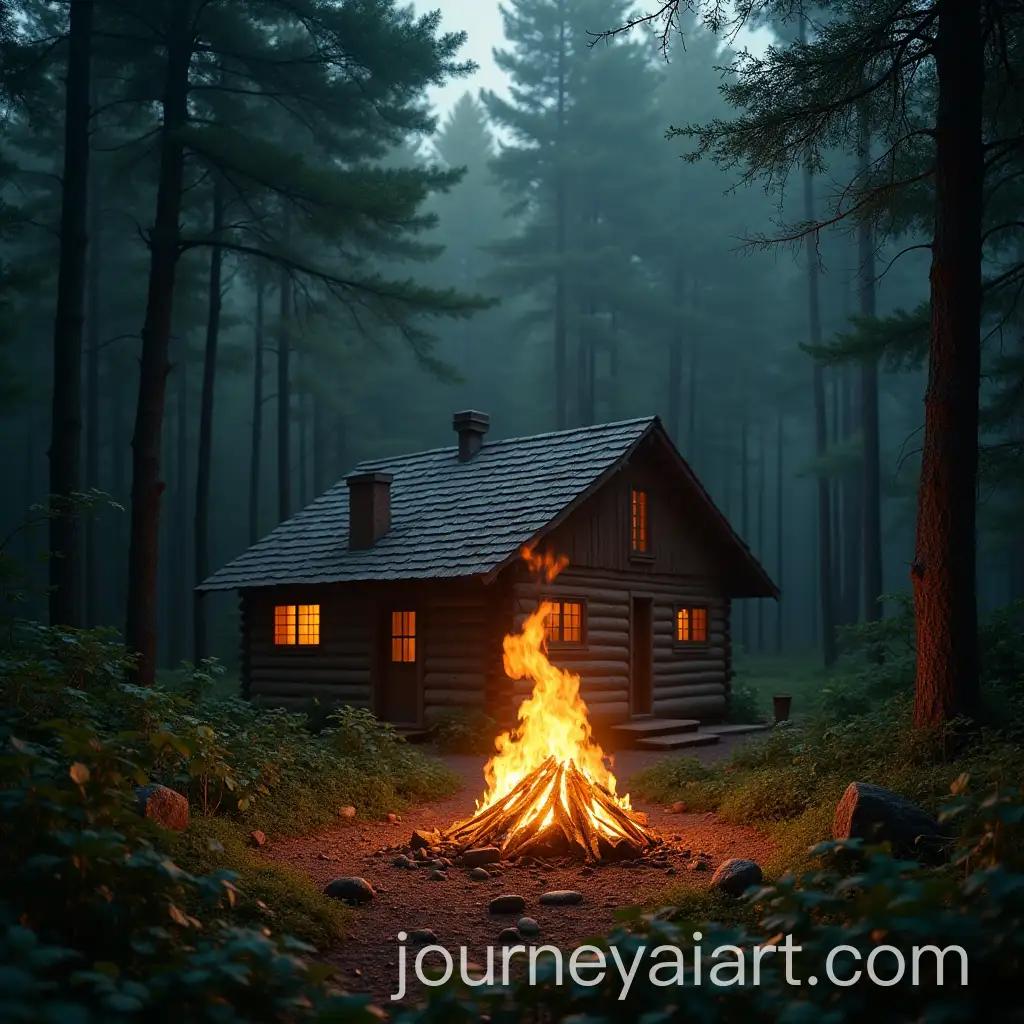 Scenic-Jungle-Fire-with-Wooden-House-Amid-Tall-Green-Trees