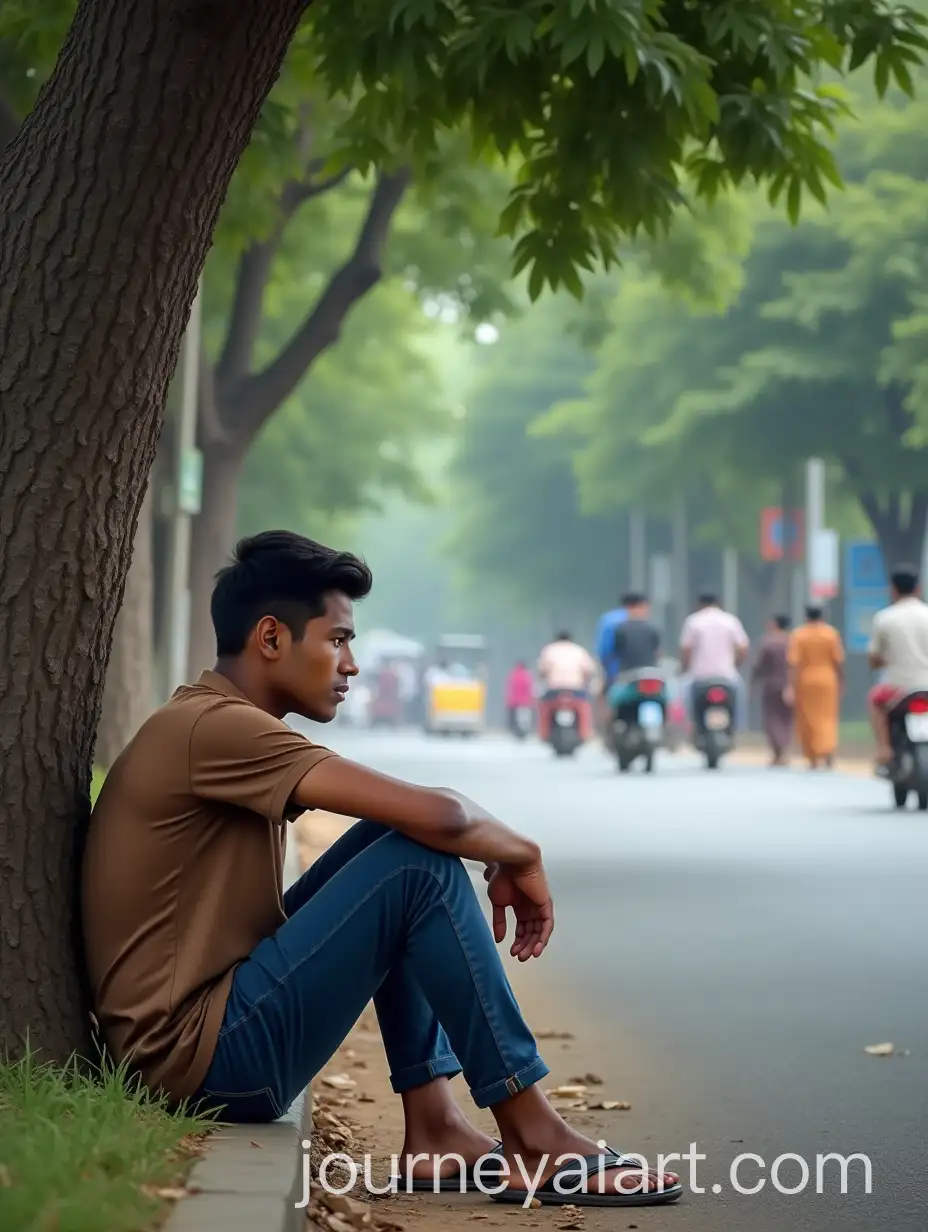 Young-Man-Contemplating-Under-a-Tree-by-a-Busy-Road