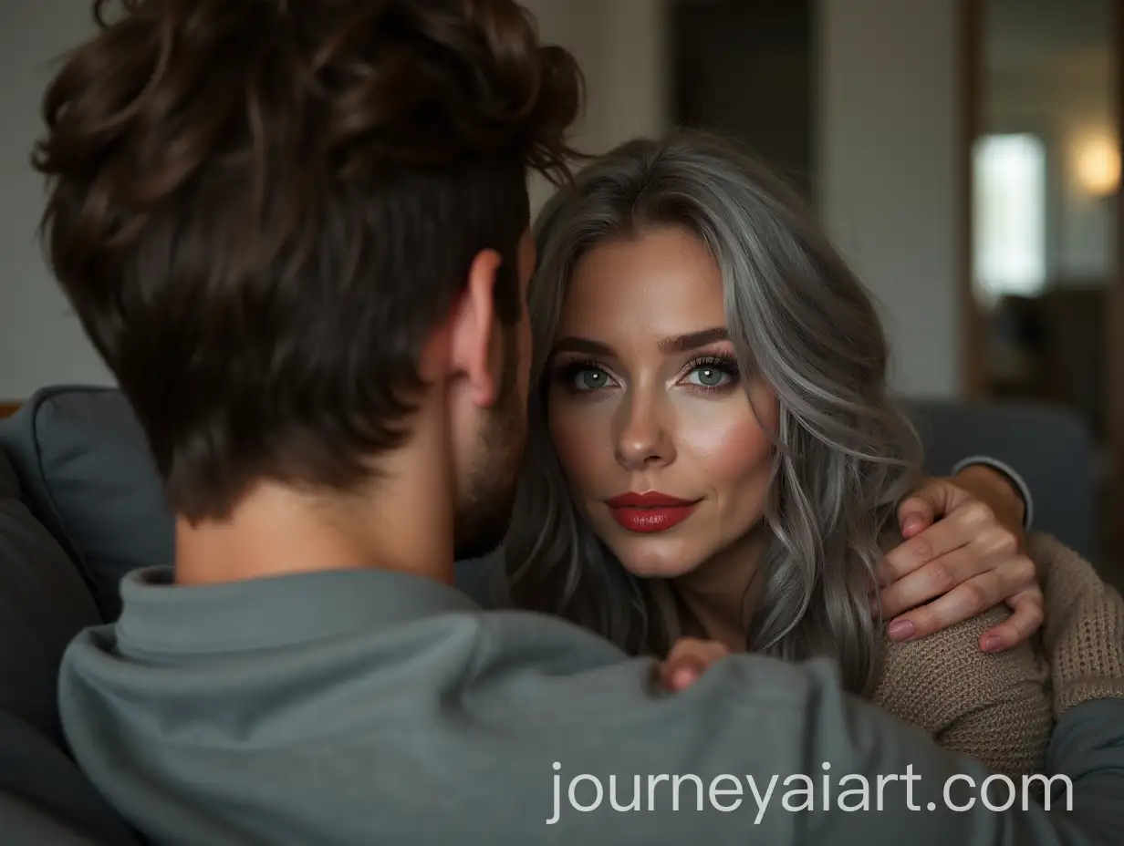 Beautiful-Woman-with-Gray-Hair-and-Playful-Glance-Hugging-Handsome-Brunette-on-Couch