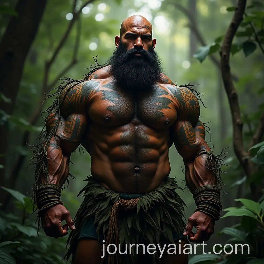 Bald-Bearded-Colossus-with-Tribal-Tattoos-in-Jungle