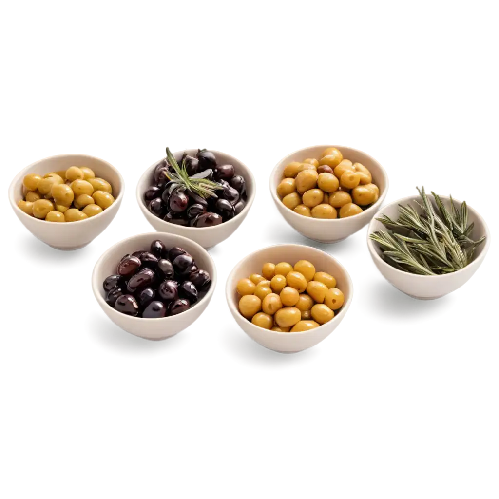 Assorted-Olives-in-Bowls-Garnished-with-Fresh-Rosemary-and-Spices-for-Mediterranean-Cuisine-PNG-Image-for-Culinary-Use