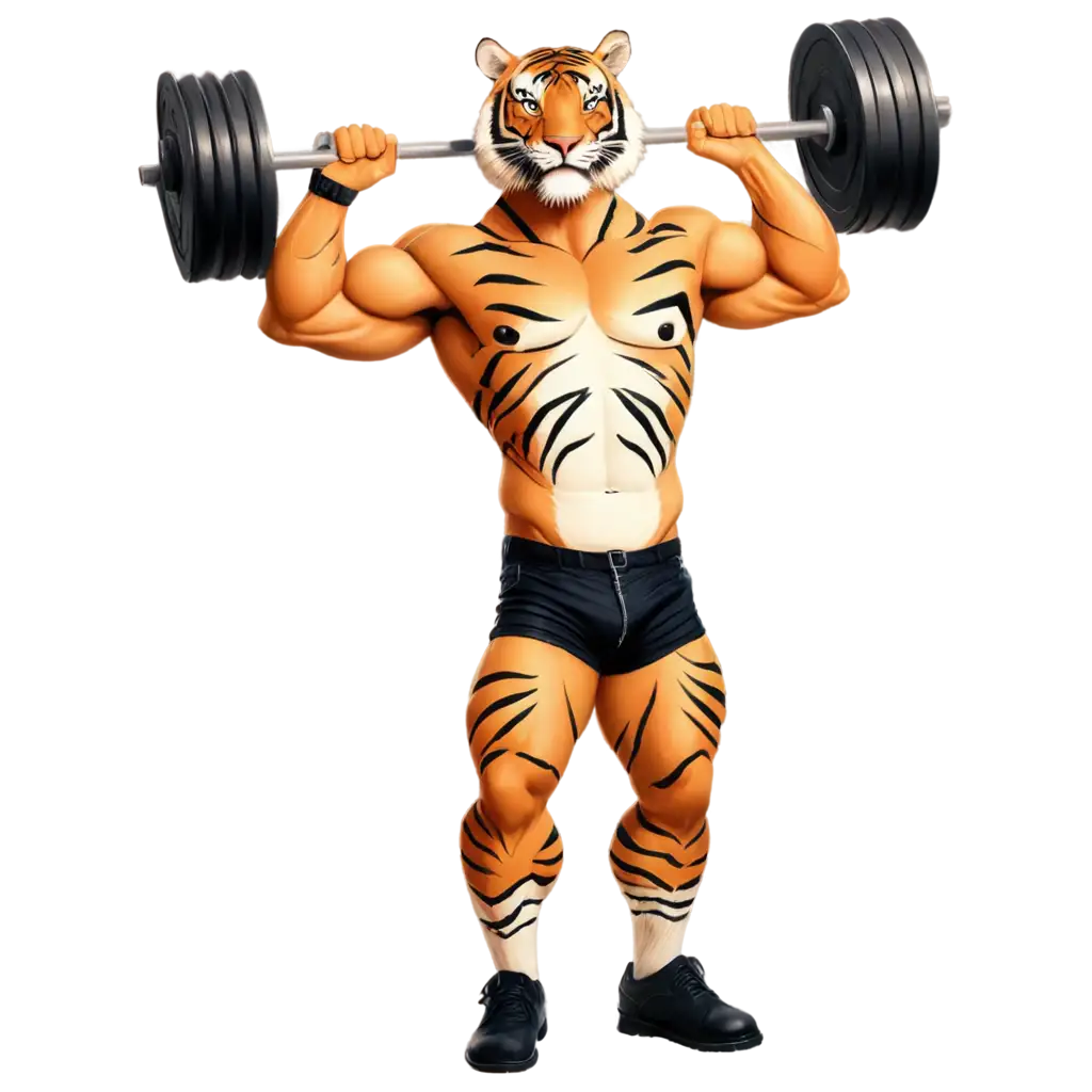 Bold-Cartoon-Tiger-Lifting-Barbell-PNG-Image-for-TShirt-Prints