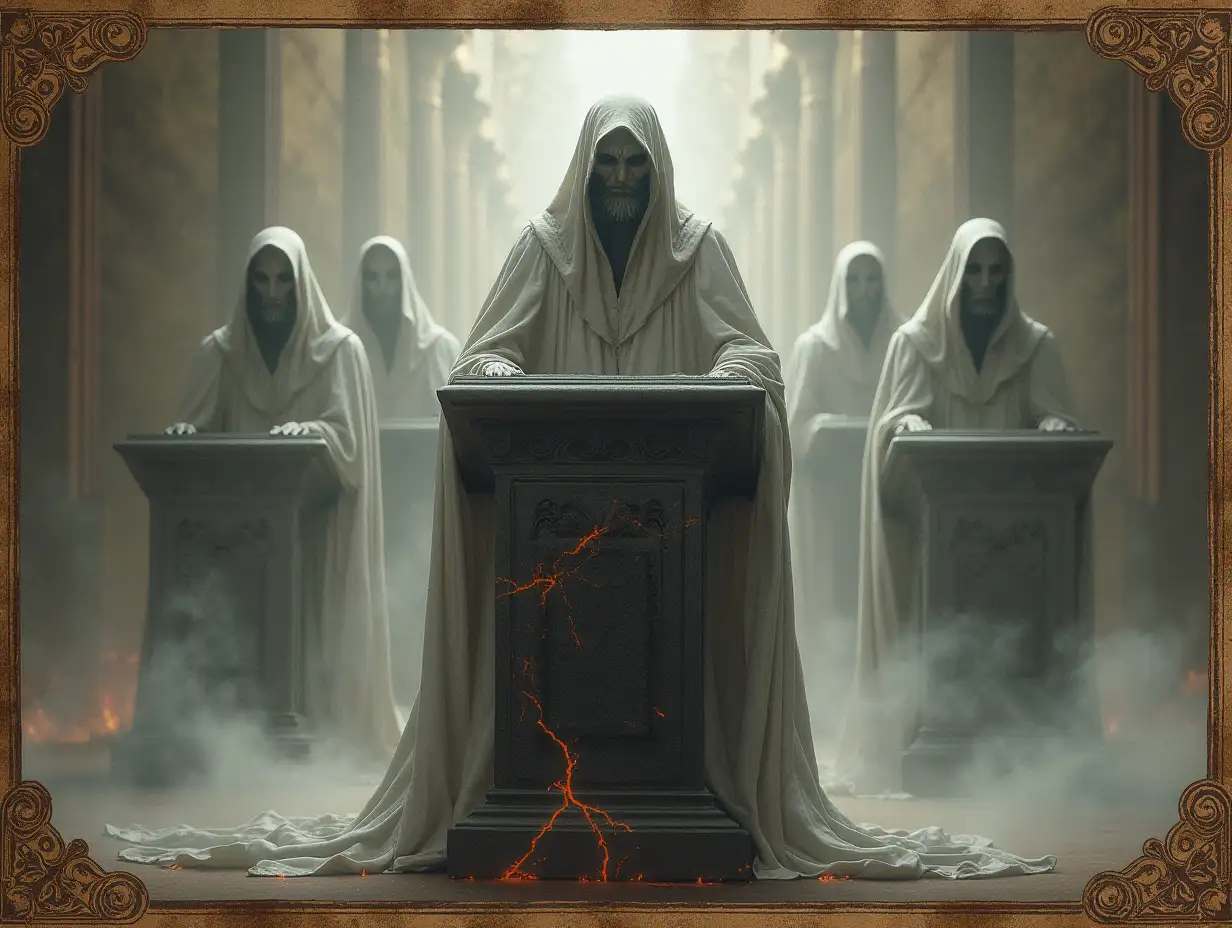 Visual: A cracked iron lectern in the foreground with spectral attendants barely visible behind; tendrils of fog curl at the base. Color Palette: Ashen grays, muted sepia, flickers of ember-orange. Headline: ‘Witness the Reckoning’ Subtext: “Citadel of Graves Press Briefing – 13th Night Watch” Extras: Embossed scroll border framing the poster, distressed paper effect for an ancient-edict feel