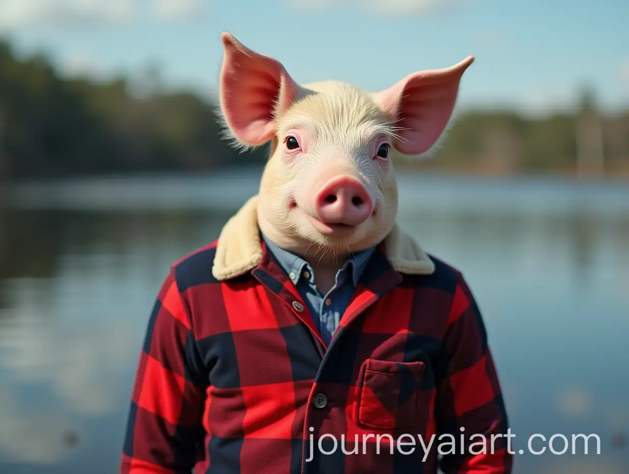 Human-Body-with-Pig-Head-Smiling-inAI-Image-Prompt-Expansion-Red-and-Black-Checkered-Jacket-by-a-Lake-with-Text-John-Pork-Is-Calling
