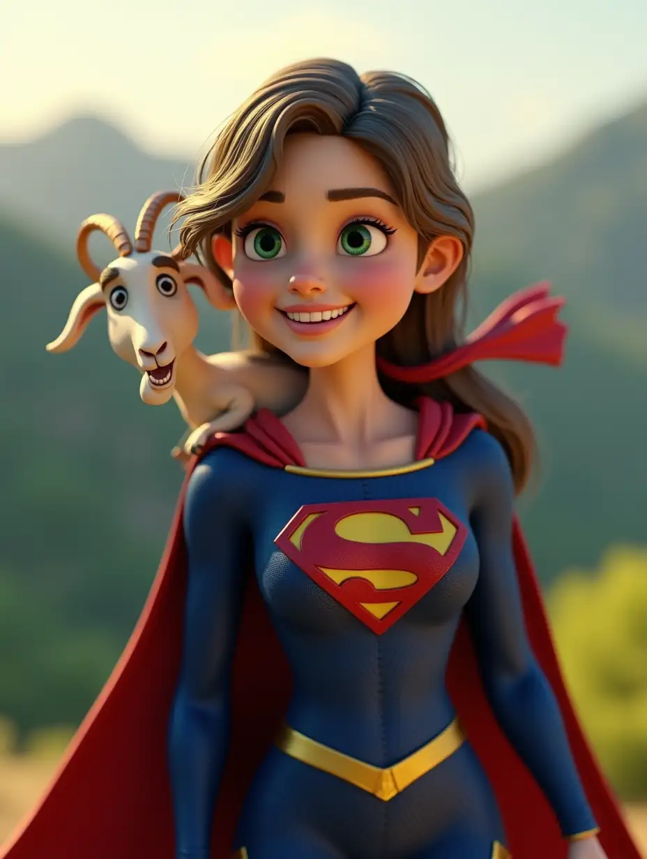 A highly detailed, ultra-realistic 3D render of Supergirl in 4K resolution. She has a youthful, energetic expression with bright green eyes, slightly tousled brown hair, and a radiant smile. She wears a form-fitting blue suit with the iconic red and yellow 'S' emblem on her chest, a flowing red cape, and a golden belt. A small goat with curved horns and a red cape sits confidently on her shoulder, looking forward with a determined expression. The background features a lush green mountainous landscape with soft sunlight casting a warm glow. The image should have cinematic lighting, realistic textures, and a vibrant color palette, emphasizing depth and detail.