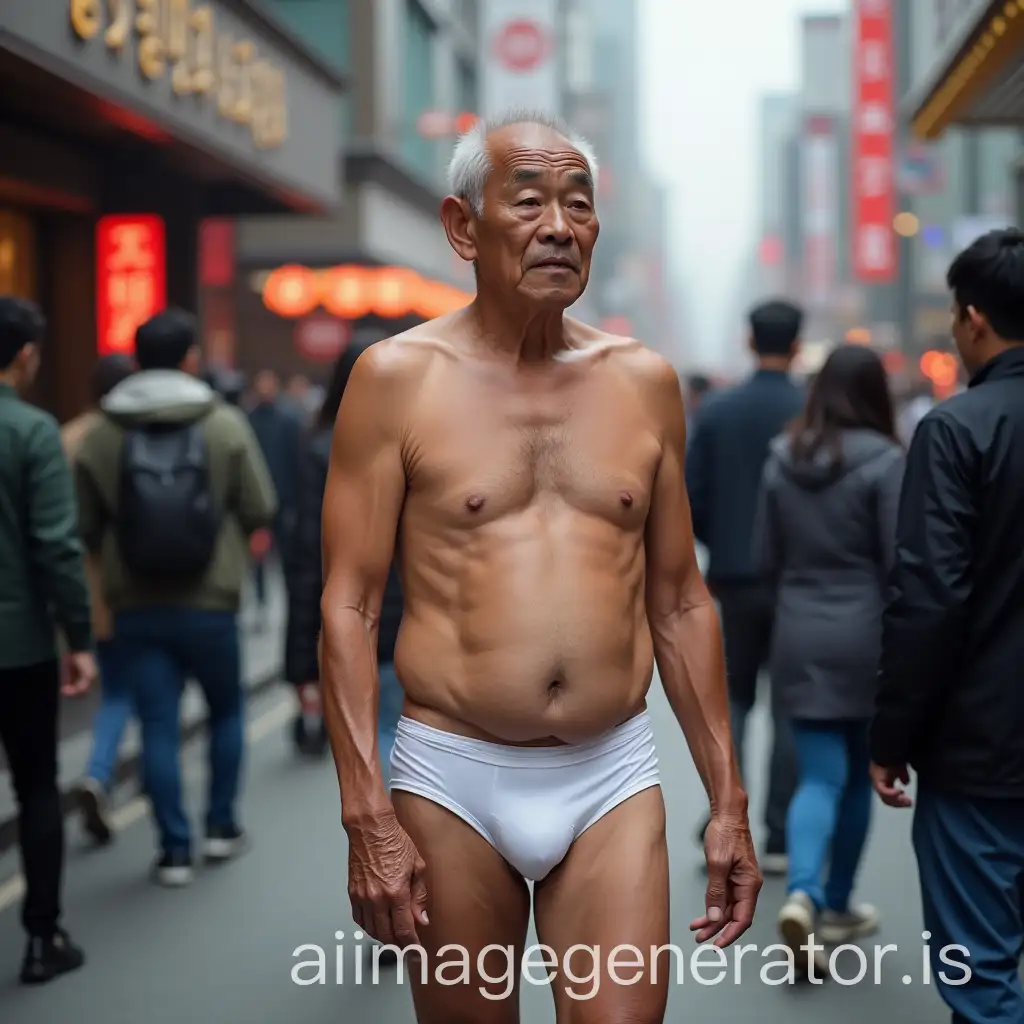 Elderly-Korean-Man-in-Tighty-White-Briefs-on-Crowded-Street