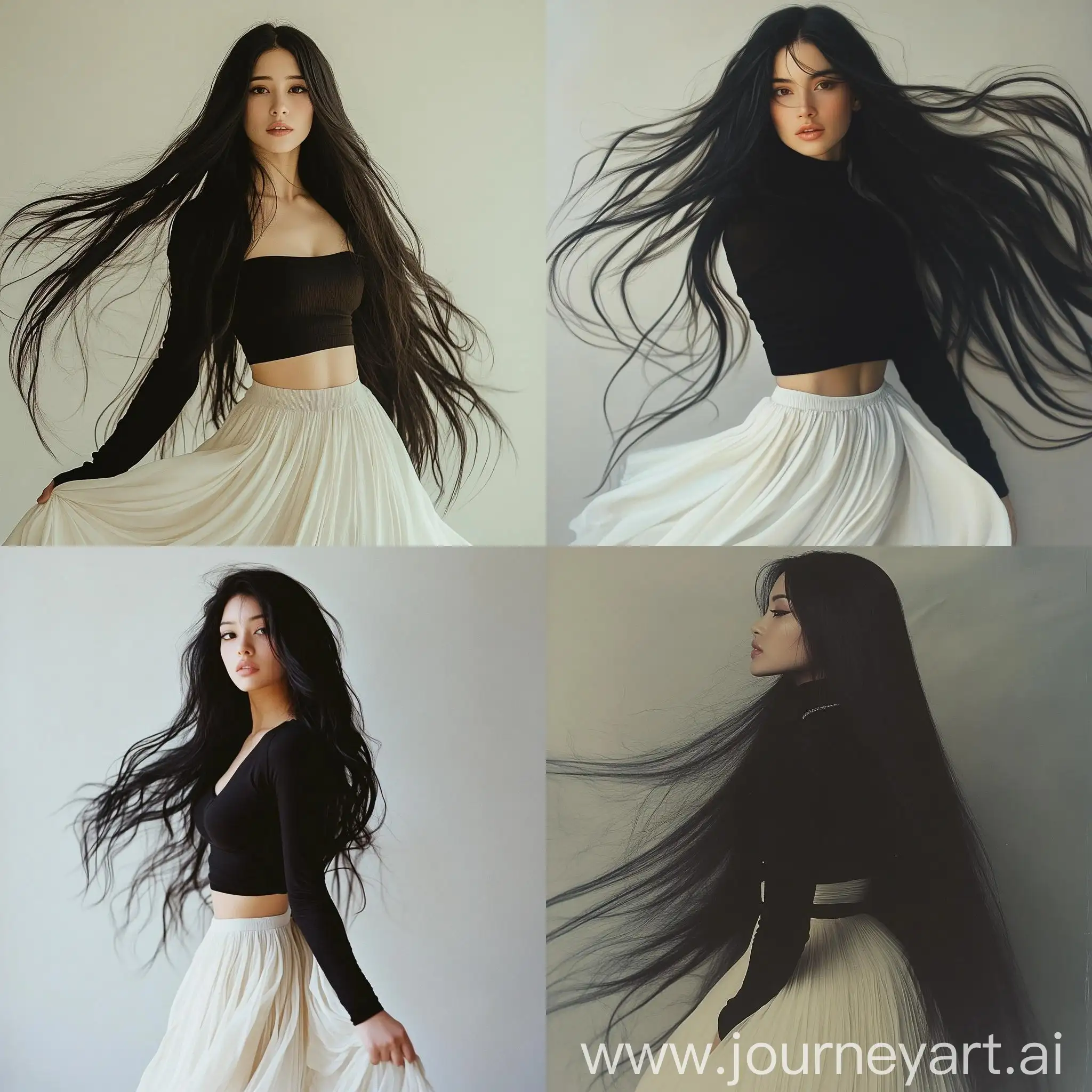 Serene-Young-Woman-with-Long-Black-Hair-in-Black-Crop-Top-and-White-Skirt