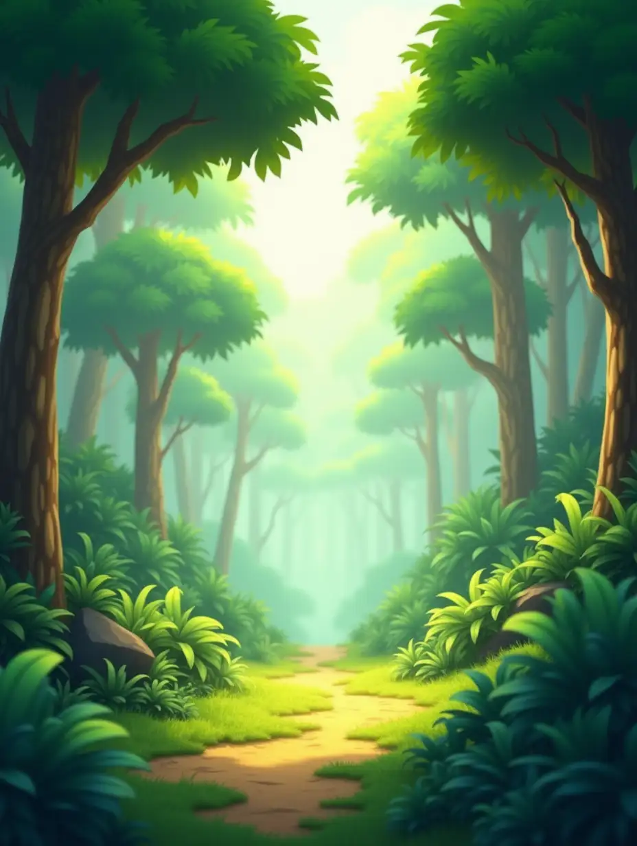 3d cartoonish scene : Wide Jungle View (land) A vibrant, lush jungle with sunlight filtering through the canopy. The trees are tall and dense, casting soft, warm light. The background has a consistent bright, inviting color palette with light greens, yellows, and soft shadows, ensuring a calm atmosphere. The jungle should remain consistent in shape and size across scenes.