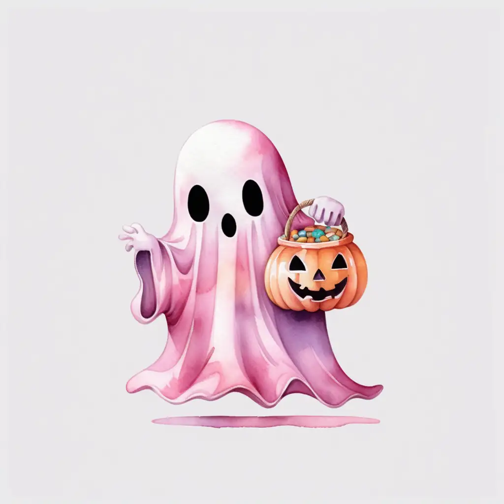 Adorable Halloween Pink Ghost Holding Candy Bag