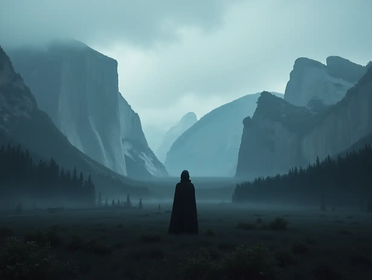 Grimdark, dark expanses of plains and rivers, distant dark forests at the foot of high mountains, fog, descending from mountain peaks, a dark silhouette, standing with its back