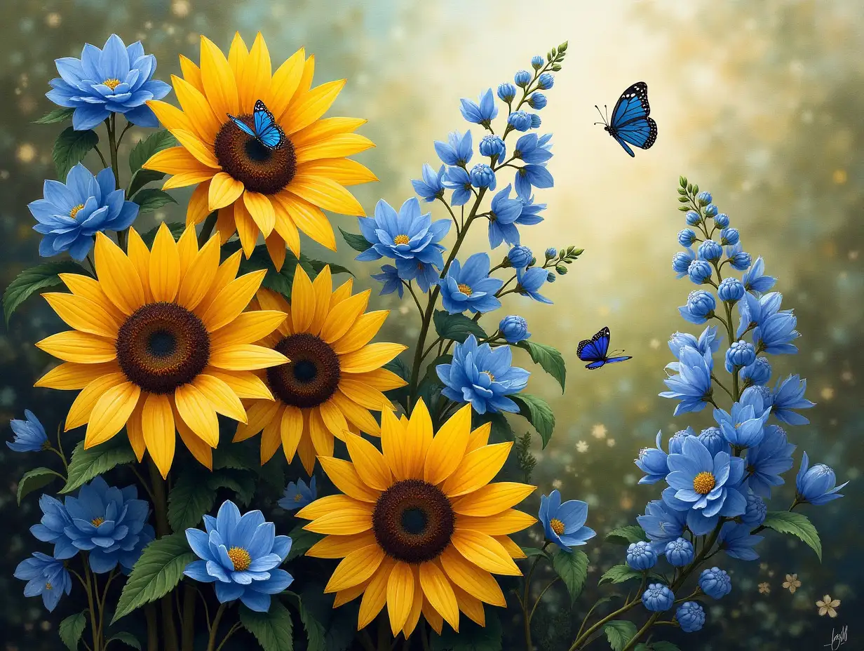 An elegant scene with vibrant yellow sunflowers and blue flowers, surrounded by several blue butterflies resting on and flying around the flowers, set against a lush, natural background. oil art