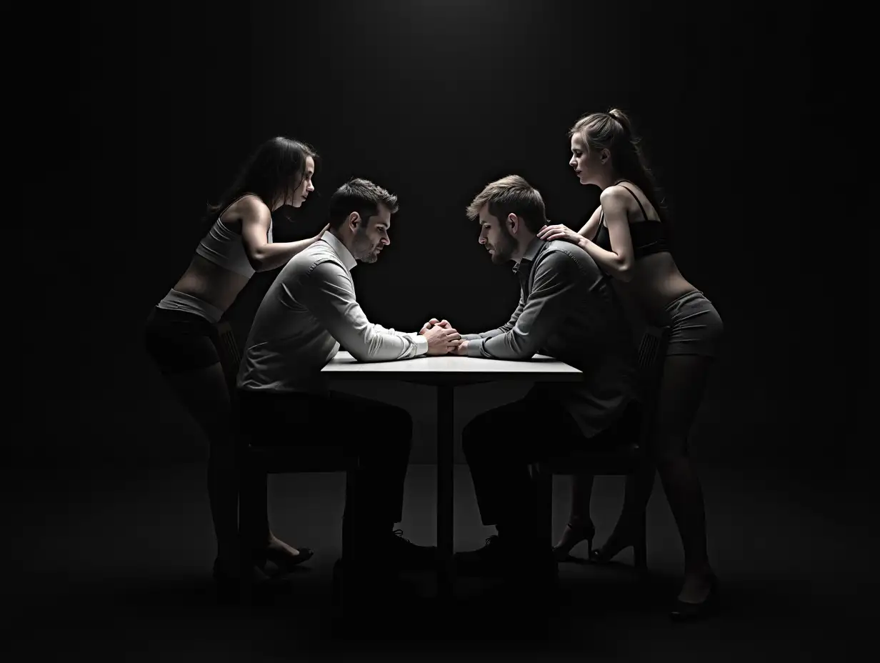 Two-Men-with-Girls-at-Table-in-Darkened-Setting