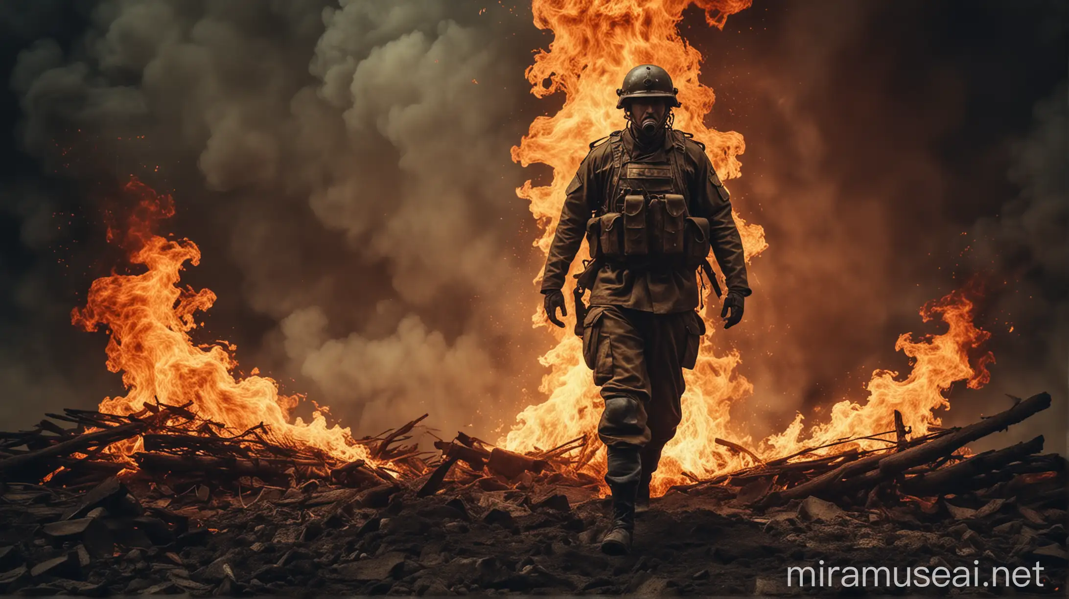 Surreal Dramatic Soldier in Fire Scene