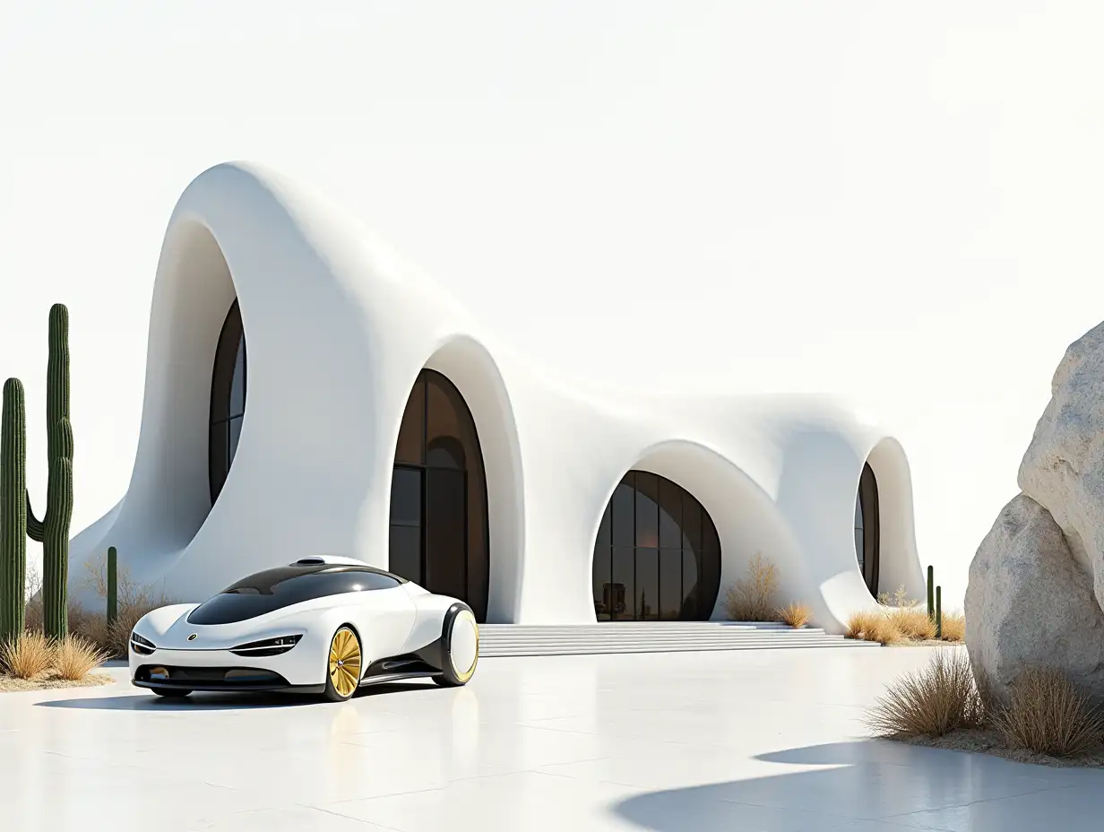 Create a high resolution realistic image of a futuristic white building with black and gold, and curved columns, add cacti, rocks and a futuristic vehicle