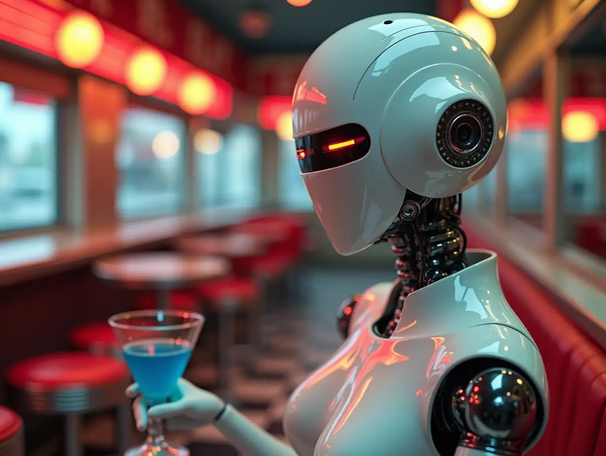 A hyper-realistic robot in glossy white with The robot is wearing a high-gloss white helmet with narrow dark slits resembling eyes. Behind the slits, two small, intense red LEDs glow, creating a mysterious and futuristic appearance. The setting is a classic 1960s-style American diner, featuring a checkered floor, neon lights, and vintage bar stools. She sits at the counter . Soft neon light enhances the realism of her features and blends the retro and futuristic atmosphere seamlessl. Robot is standing behind the bar and serving a cocktailglass with a blue fluid inside.