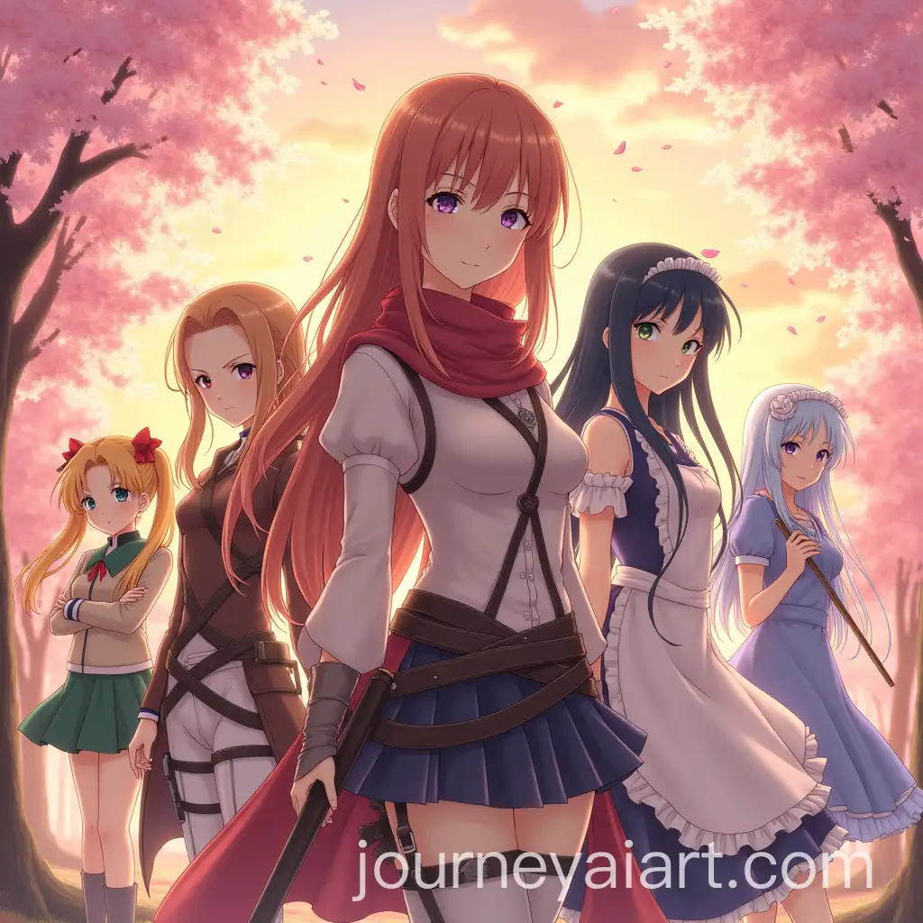 Anime-Girls-in-Cherry-Blossom-Garden-at-Sunset