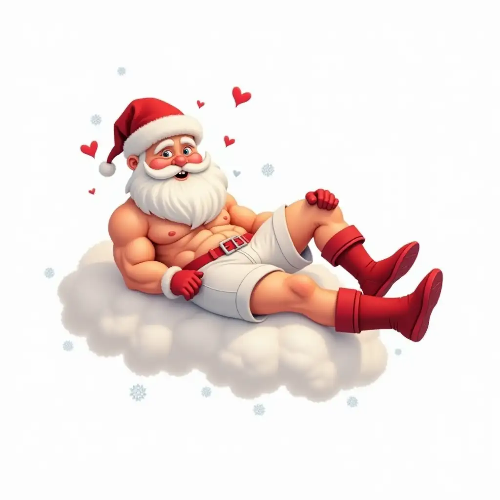 Cartoon beautiful young brutal pumped Santa Claus in white boxers with red hearts, a new year's red cap on his head, Santa Claus is lying on a white cloud with legs crossed, small digital snowflakes illustration, bright colors, hyperdetailization, white background, the image is placed in the frame