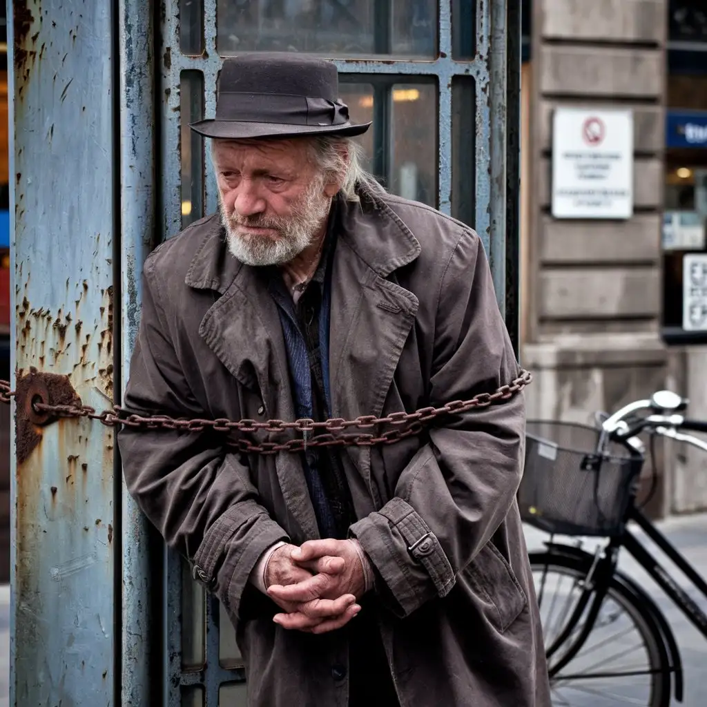 Mysterious-Scene-of-an-Old-Man-Chained-to-a-Rusty-Cabin-with-Echoing-Sounds