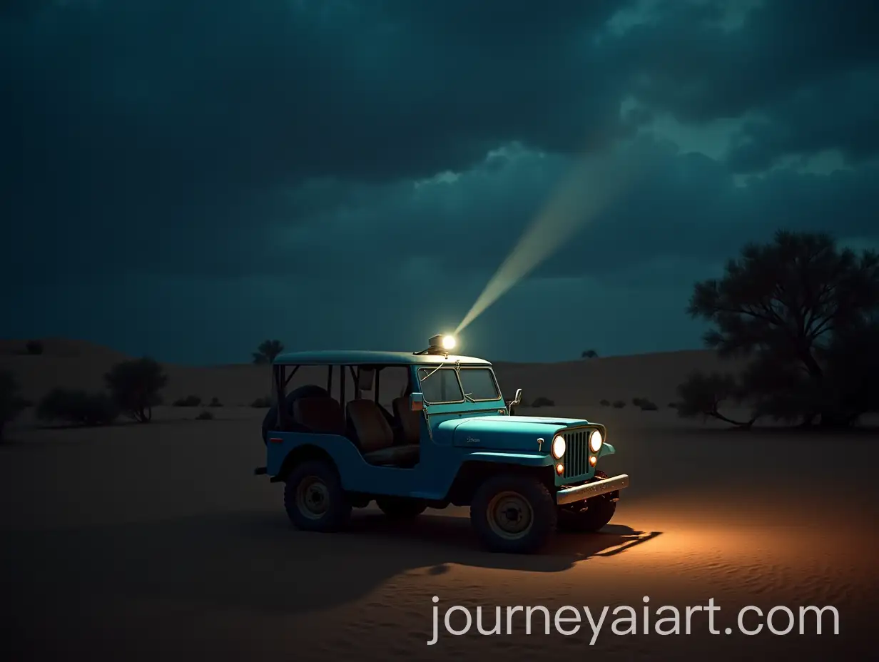 Vintage-Blue-Jeep-Driving-Through-a-Surreal-Brown-Desert-Under-a-Dramatic-Night-Sky