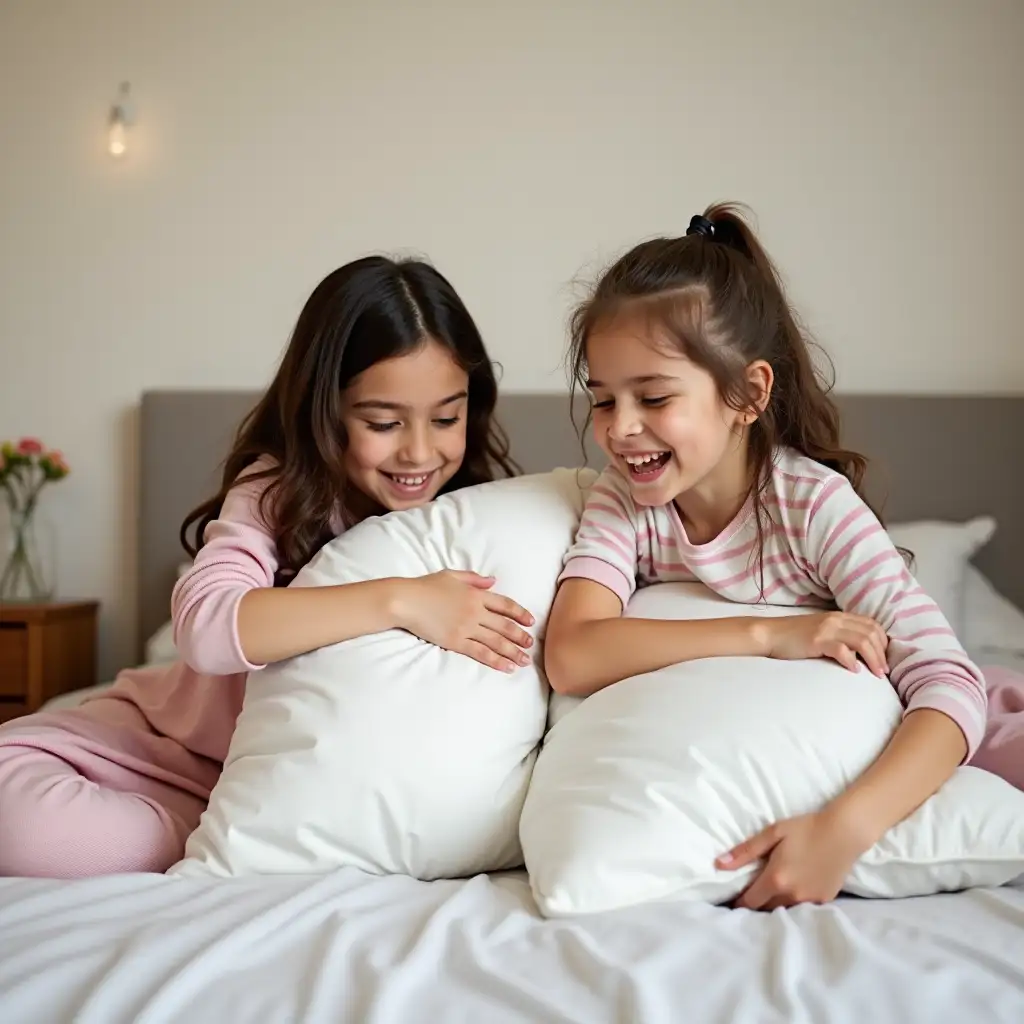 Two-7YearOld-Girls-Having-a-Pillow-Fight-on-a-Bed