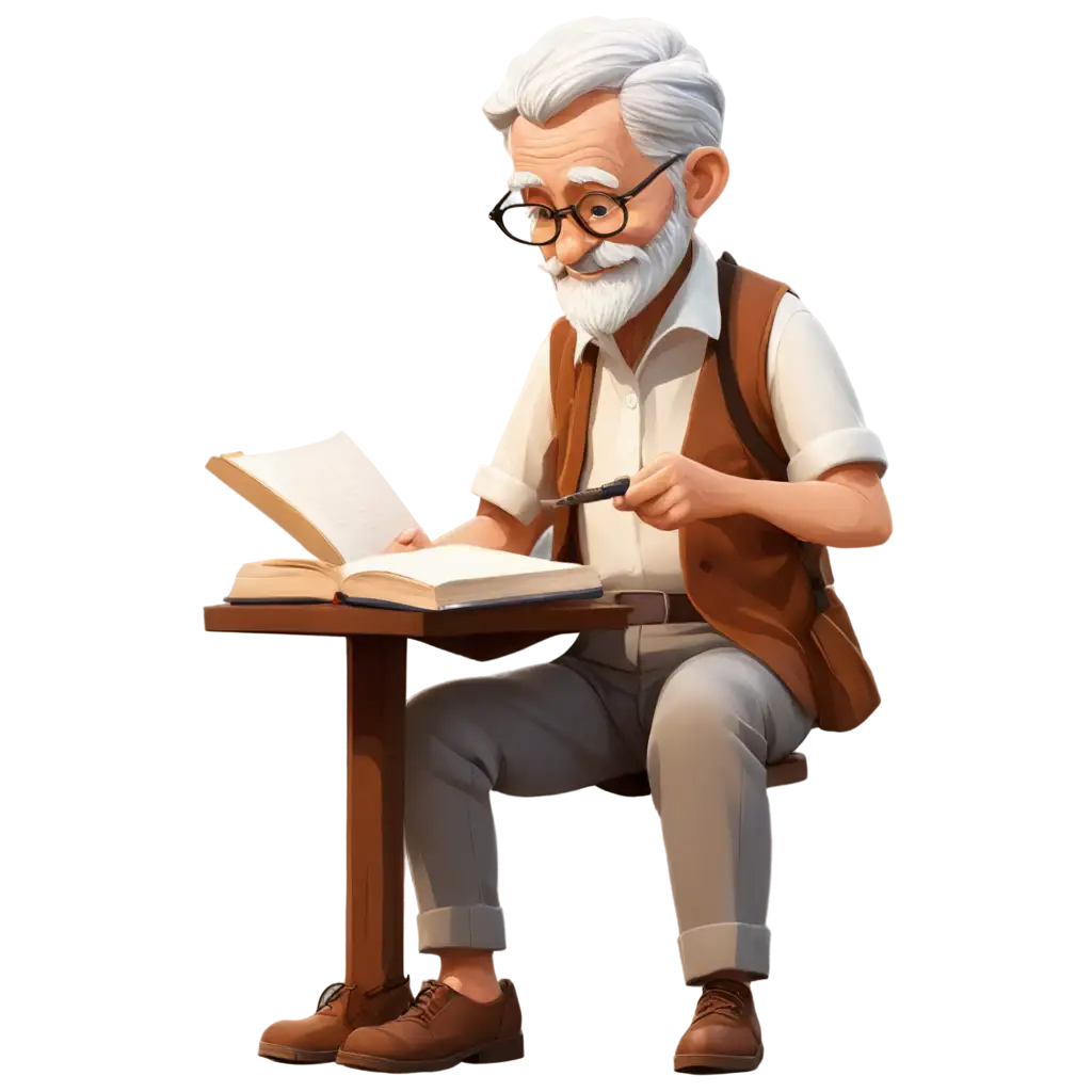 Adorable-Cartoon-of-an-Old-Man-Writing-with-Books-PNG-Image-for-Educational-Content