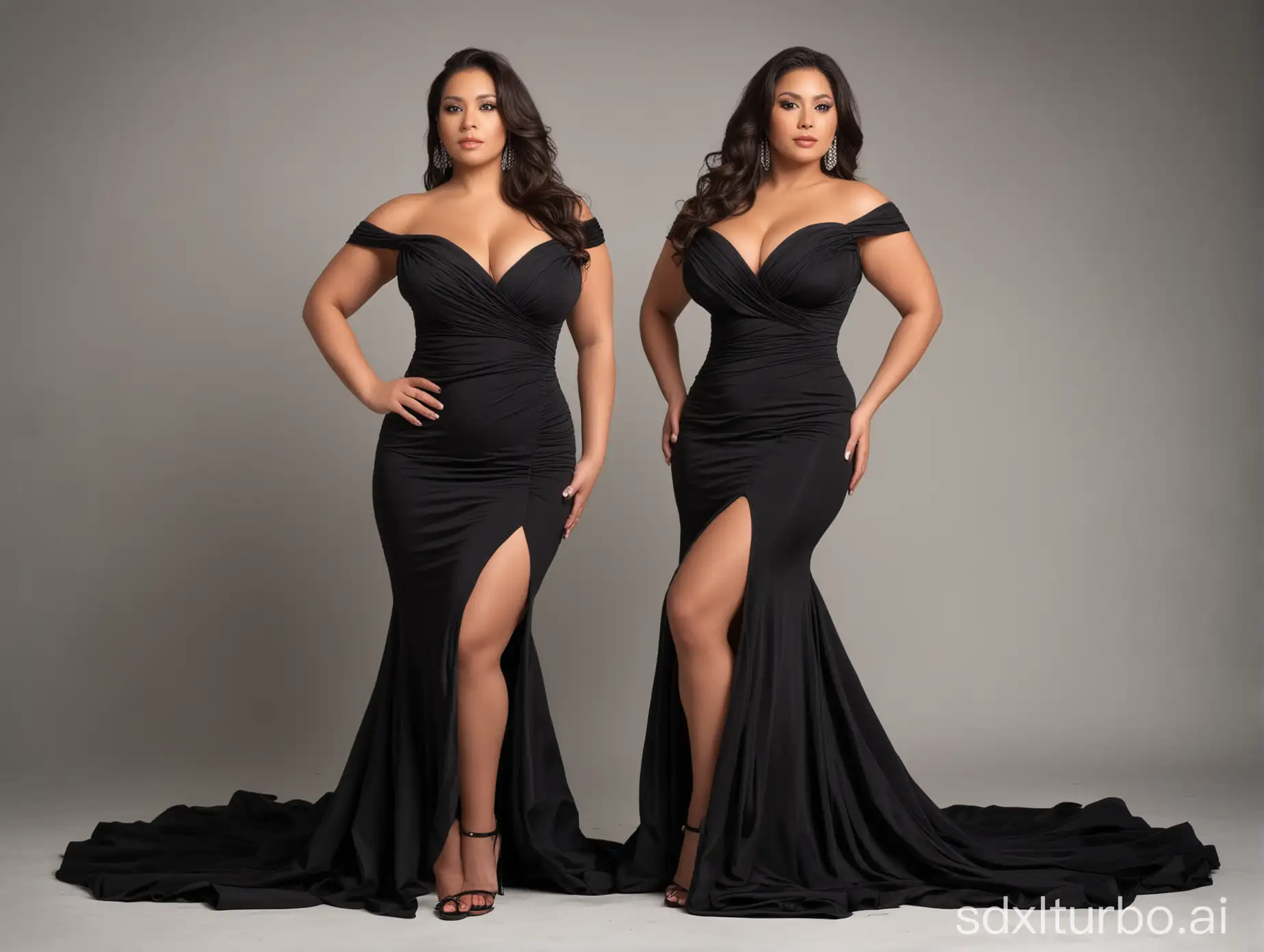 Elegant full body portrait of a full figured latina woman average build 5'9 230 lbs. in a stunning Black gown