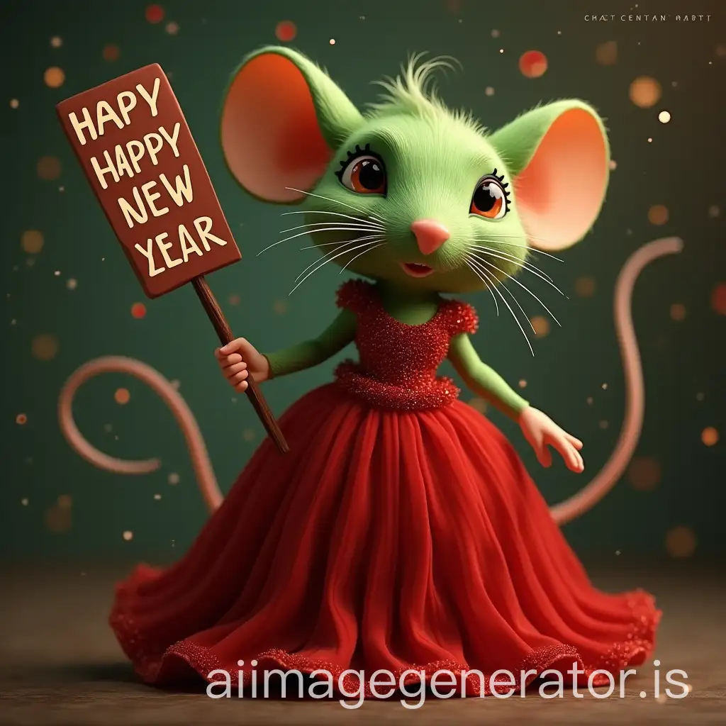 HumanSized-Mouse-with-Green-Fur-in-Red-Evening-Gown-Wishing-Happy-New-Year