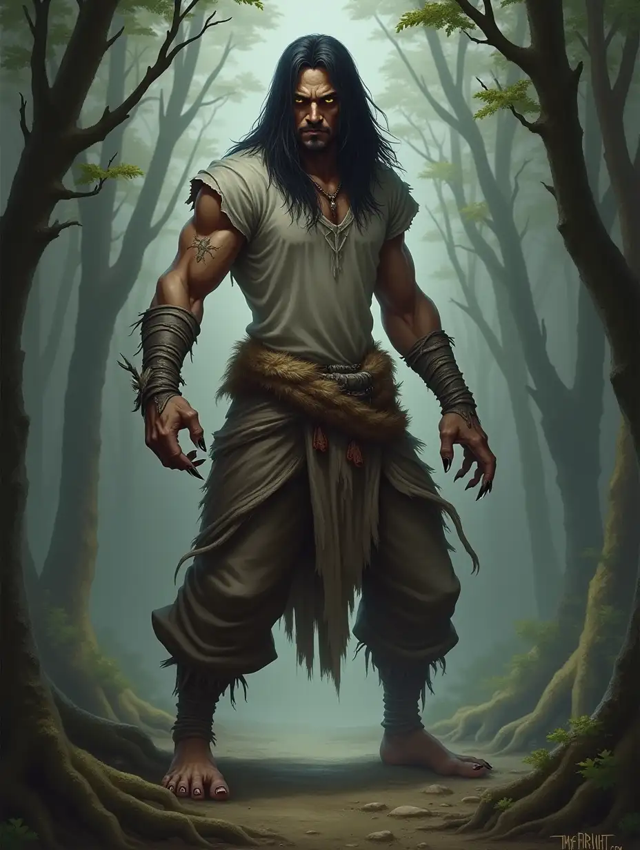 Fantasy setting, wild man, strong man, claws on hands and feet, animal features, black long straight hair, big yellow eyes, eyes with vertical pupils, bandages on hands and legs, barefoot, rough clothes made of rags and skins, baggy pants, athletic build, slender body, light grey coarse t-shirt, sleeves ripped off, deep neckline, skin of beast tied around waist, dynamic pose, forest background