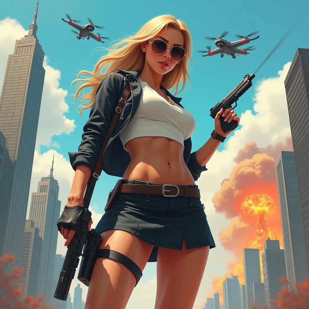 Wide-angle digital painting, (Beautiful large breast woman in stylish school uniform, extreme midriff showing, short skirt, combat boots, and sunglasses : 1.3), Triangular composition, Dynamic full-length pose, Confident expression, (Armed mercenary: 1.3), Gun grip, Supporting pose, City background, Skyscrapers in the distance, nuclear explosion in extreme distance, two small targeting drones above, (Bright sunlight: 1.2), Sharp contrasts, Bold colors, Clear details. female mercenary in cool cyberpunk style in colorful fantasy style, realism, post-apocalyptic landscape, cartel, bald rod, oil painting, rod Nostalgia, strong emotions, low angle, high detail, sharp focus