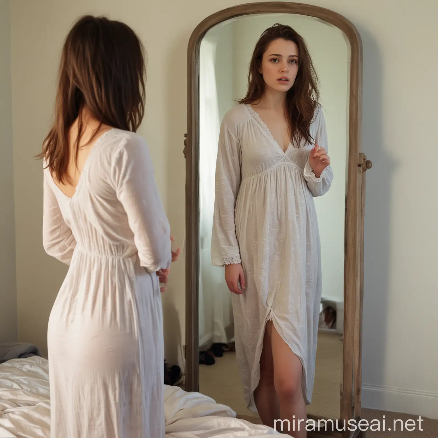 Young Woman Contemplating Body Image in Bedroom Mirror