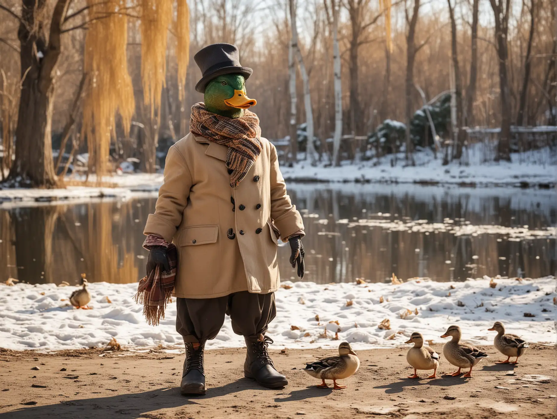 Duck-in-Human-Clothing-with-Overcoat-and-Scarf-in-a-Winter-Park