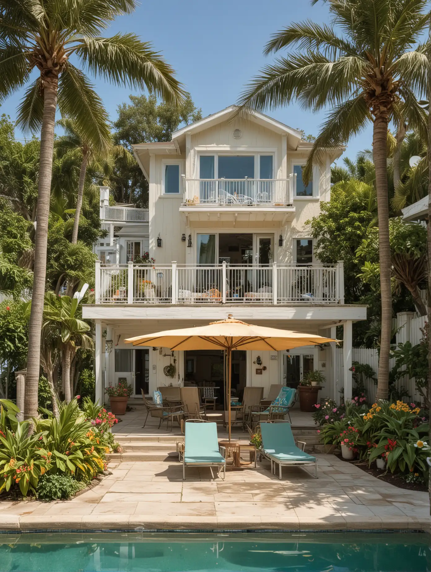 House, yard, pool, garden, beach umbrella